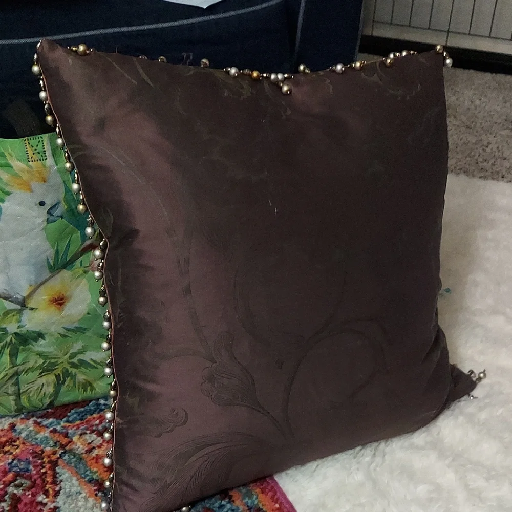 2 Pc Vintage Silk Chocolate Brown Floral Down Pearl Beaded Embellishment Pillows